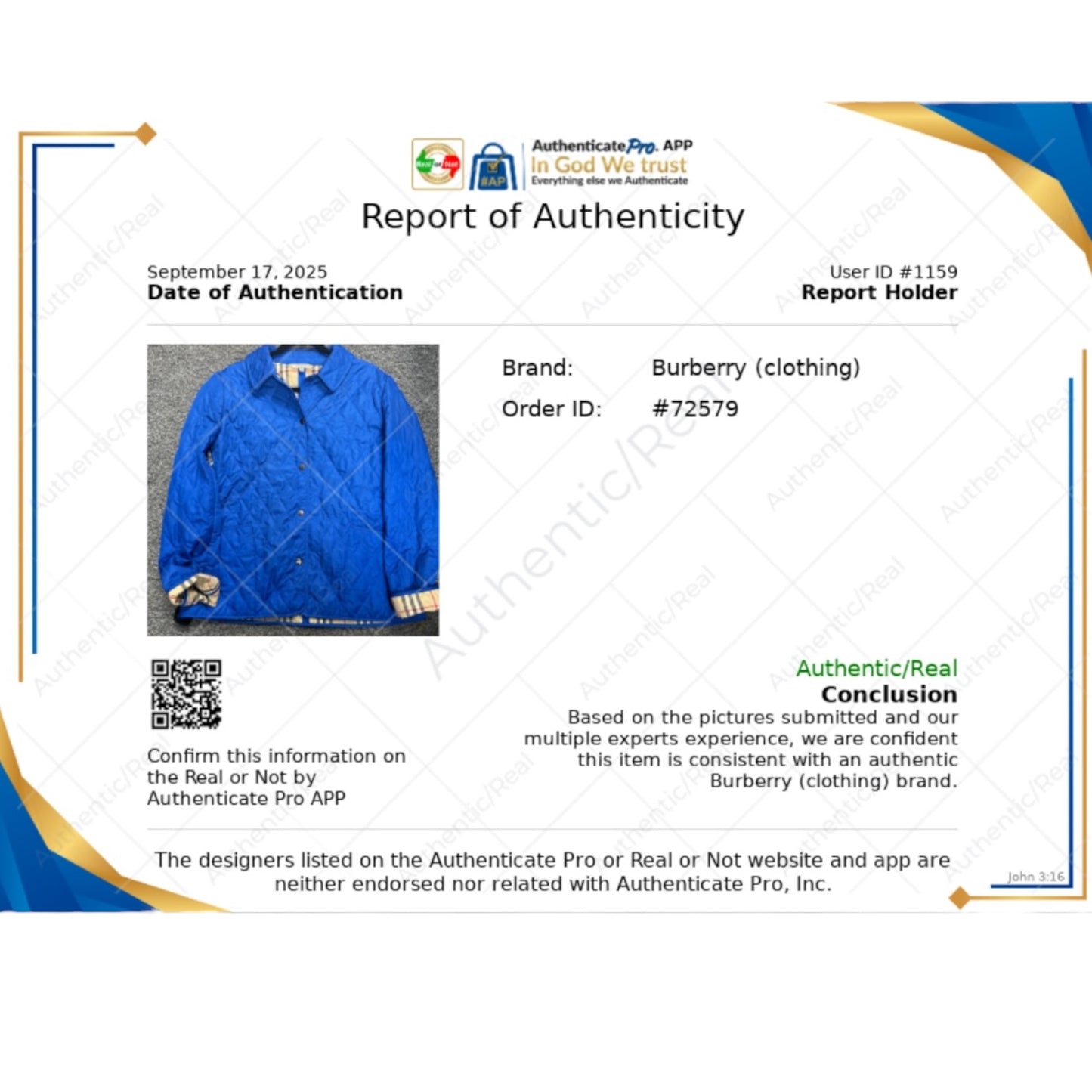 Jacket Luxury Designer By Burberry In Blue, Size: L
