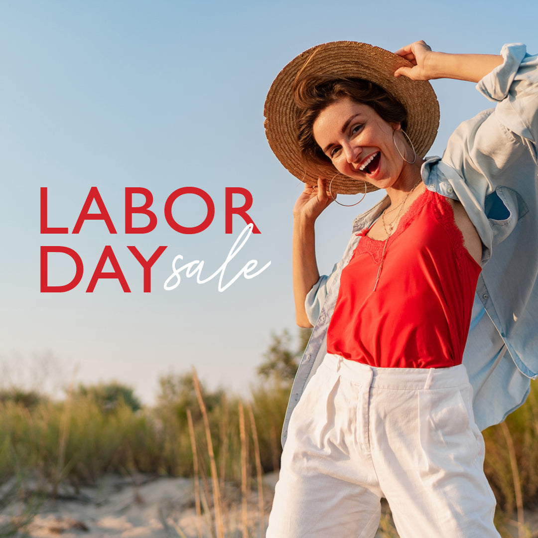 Woman on a beach with 'Labor Day sale' text overlay