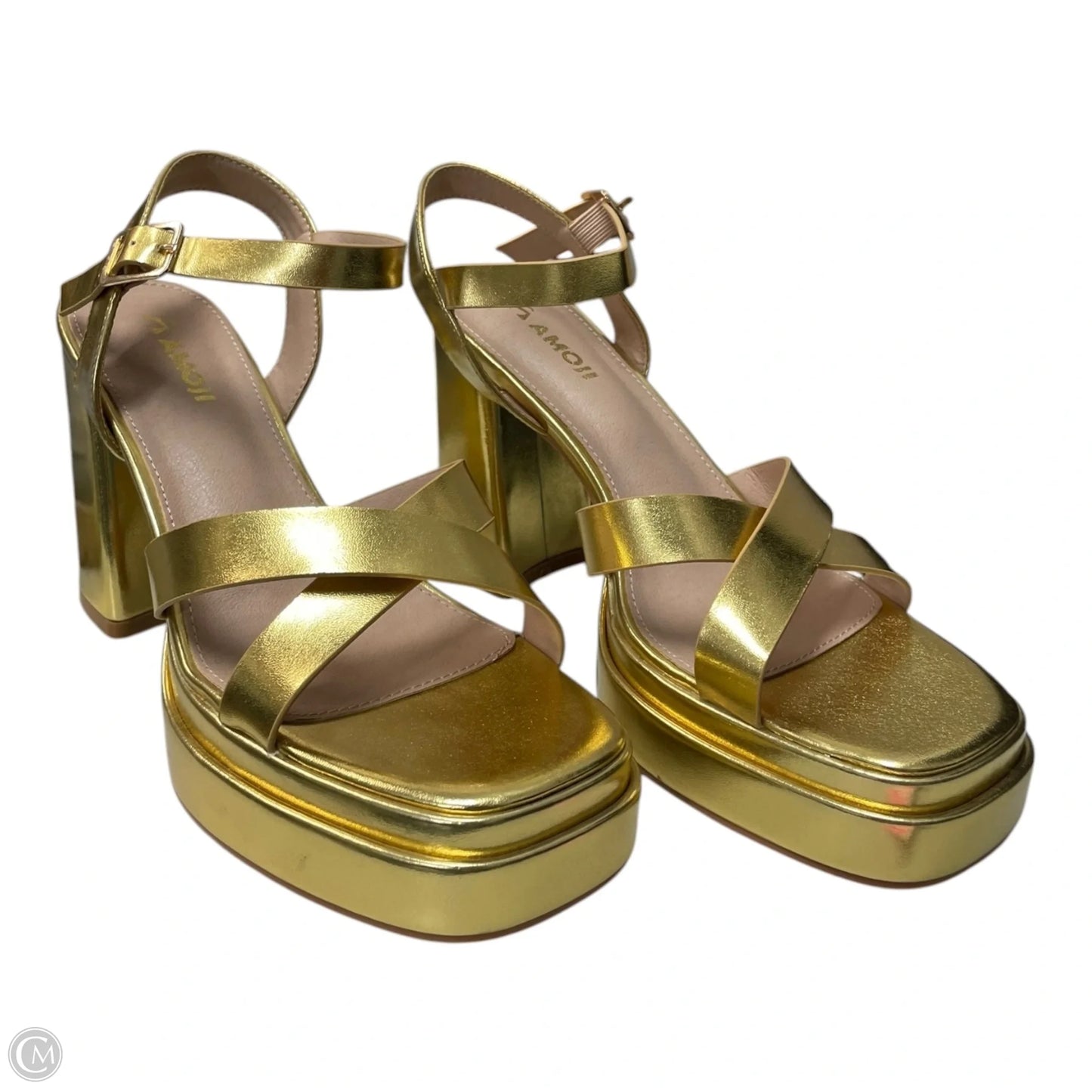 Sandals Heels Block By AMOJI -  In Gold, Size: 8
