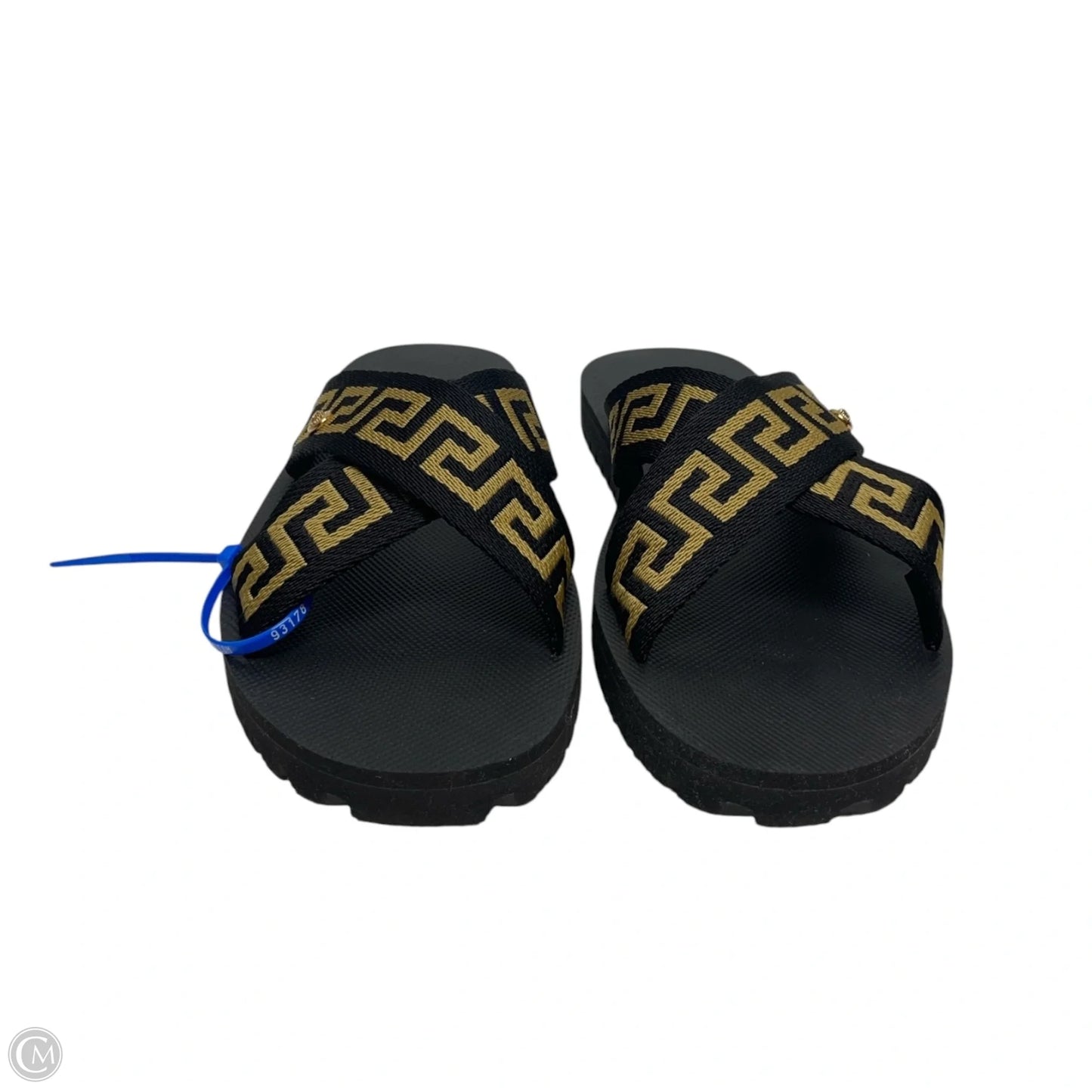Sandals Luxury Designer By Versace In Black & Gold, Size: 9