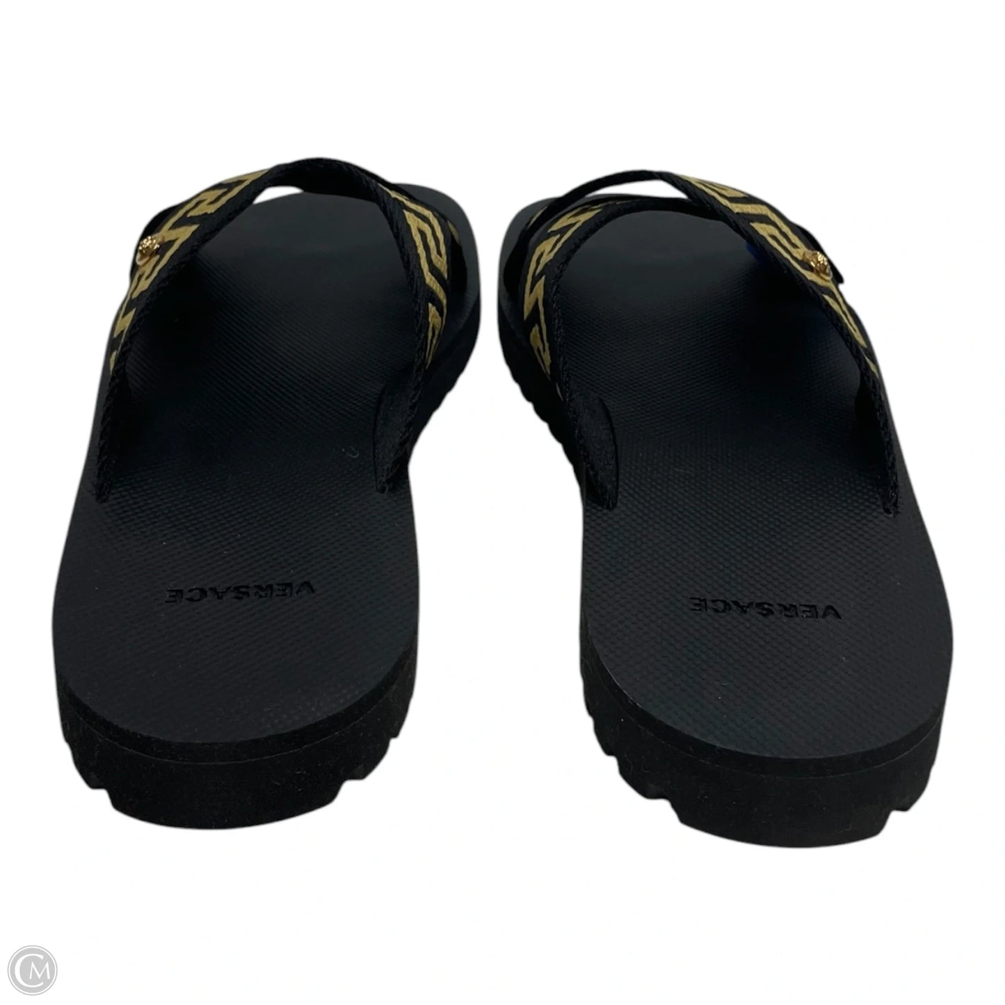 Sandals Luxury Designer By Versace In Black & Gold, Size: 9