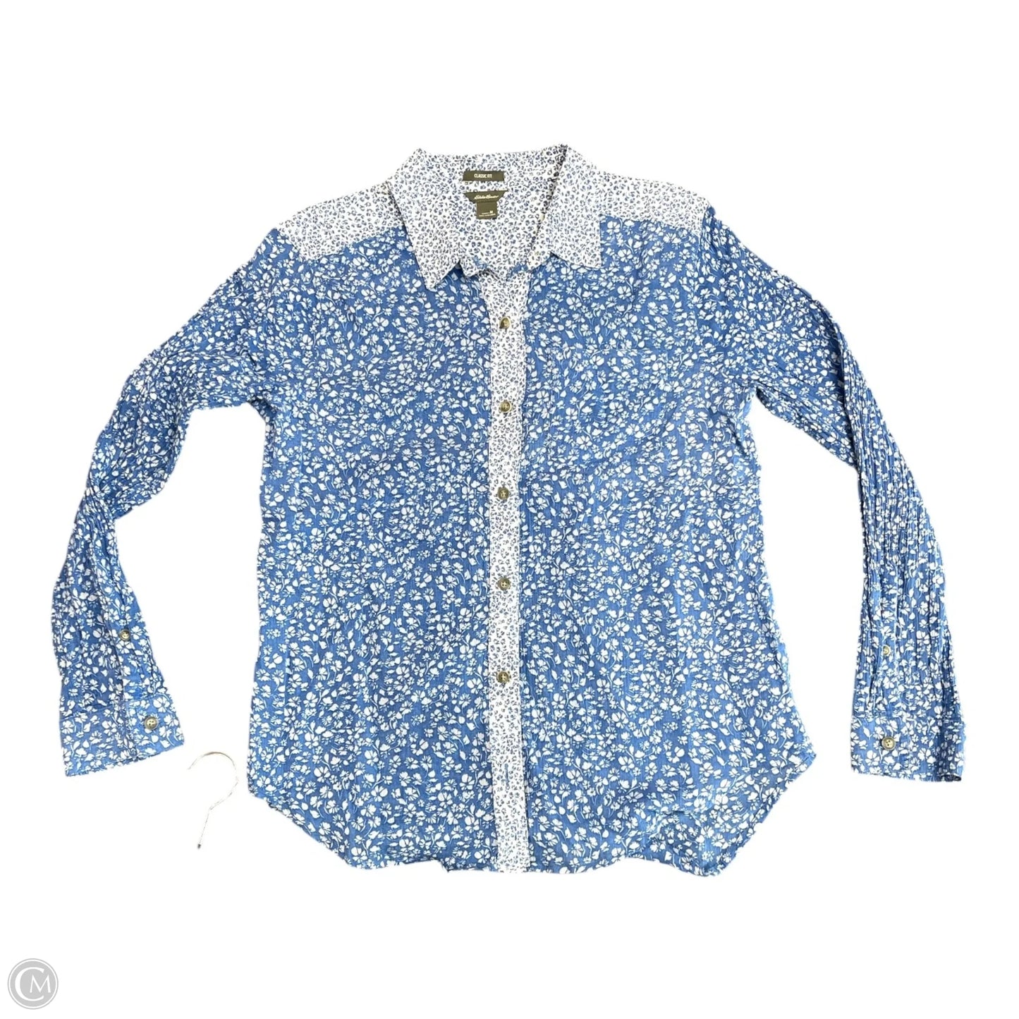 Top Long Sleeve By Eddie Bauer In Blue & White, Size: M