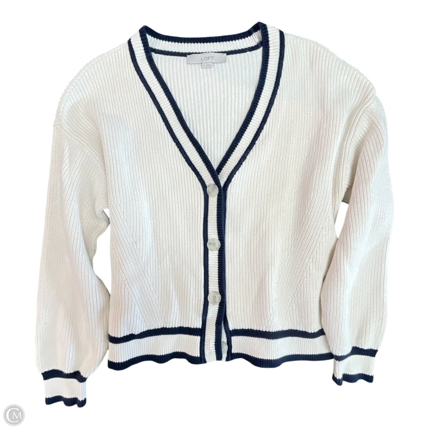 Sweater Cardigan By Loft In Blue & Cream, Size: Xl