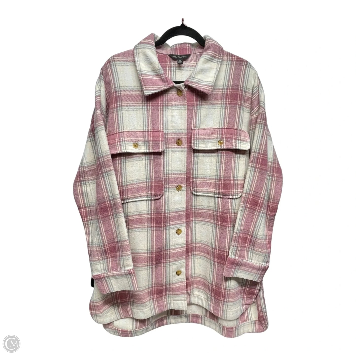 Jacket Shirt By Banana Republic In Pink & White, Size: L