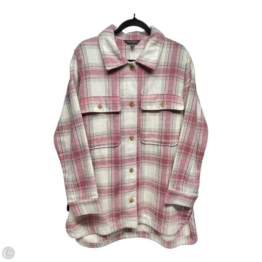 Jacket Shirt By Banana Republic In Pink & White, Size: L
