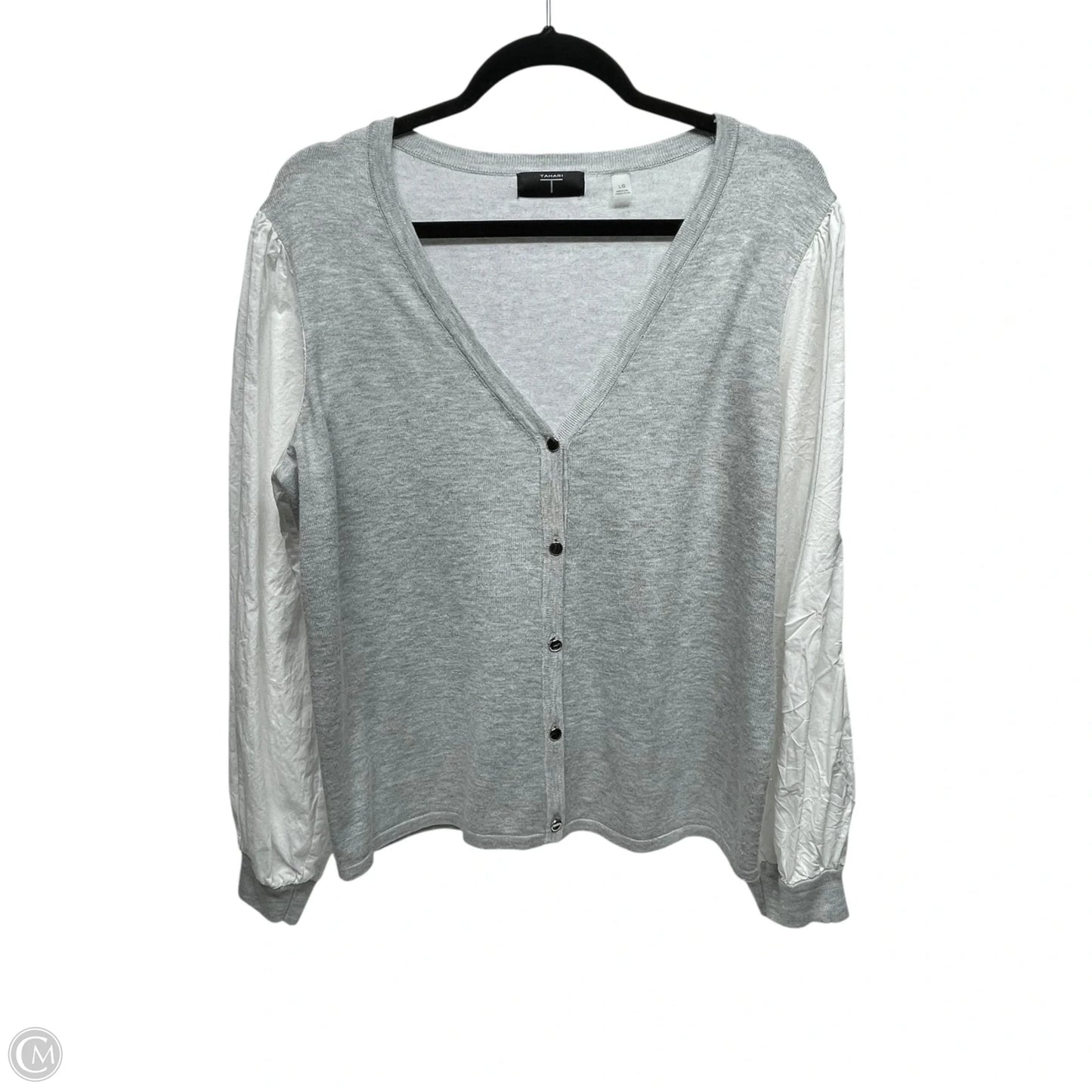 Sweater Cardigan By Tahari By Arthur Levine In Grey & White, Size: L
