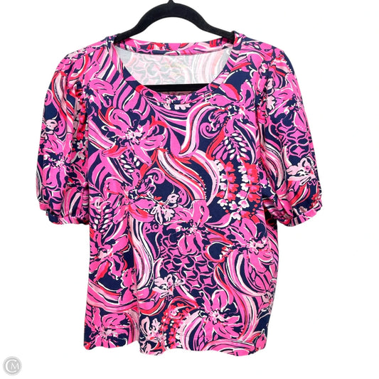 Top Short Sleeve Designer By Lilly Pulitzer In Blue & Pink, Size: L