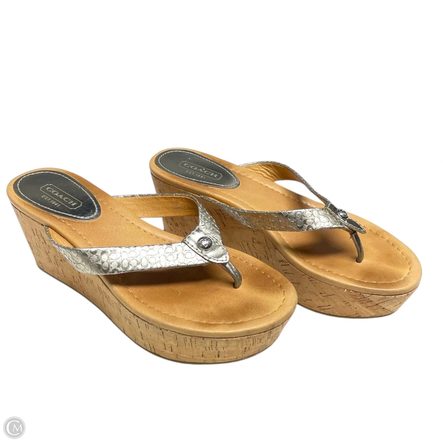 Sandals Designer By Coach In Silver & Tan, Size: 6