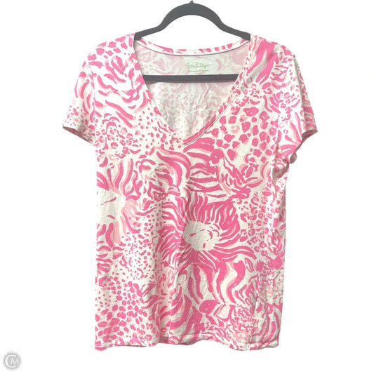 Top Short Sleeve Designer By Lilly Pulitzer In Pink & White, Size: L