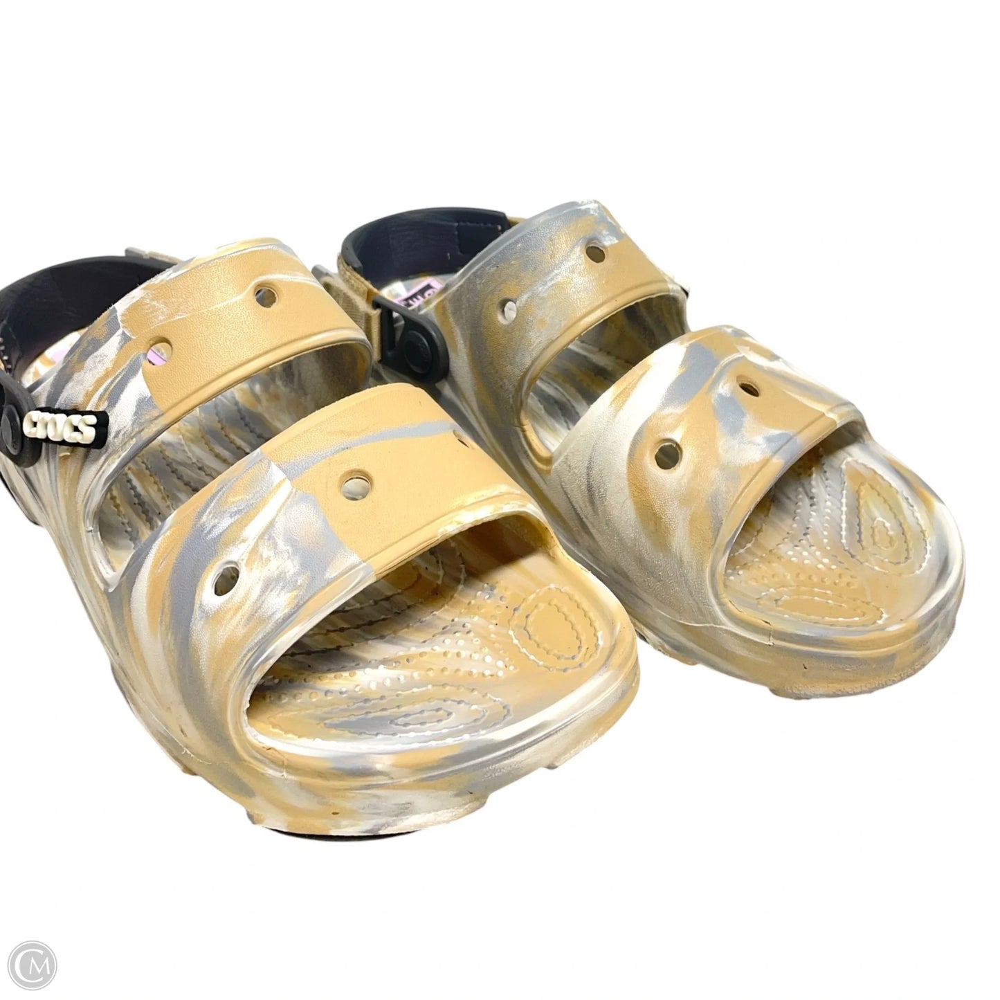 Sandals Flats By Crocs In Grey & Tan, Size: 10