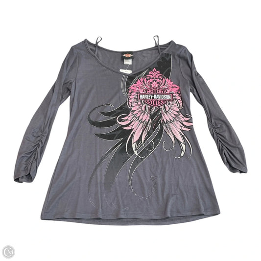 Top 3/4 Sleeve By Harley Davidson In Grey & Pink, Size: M