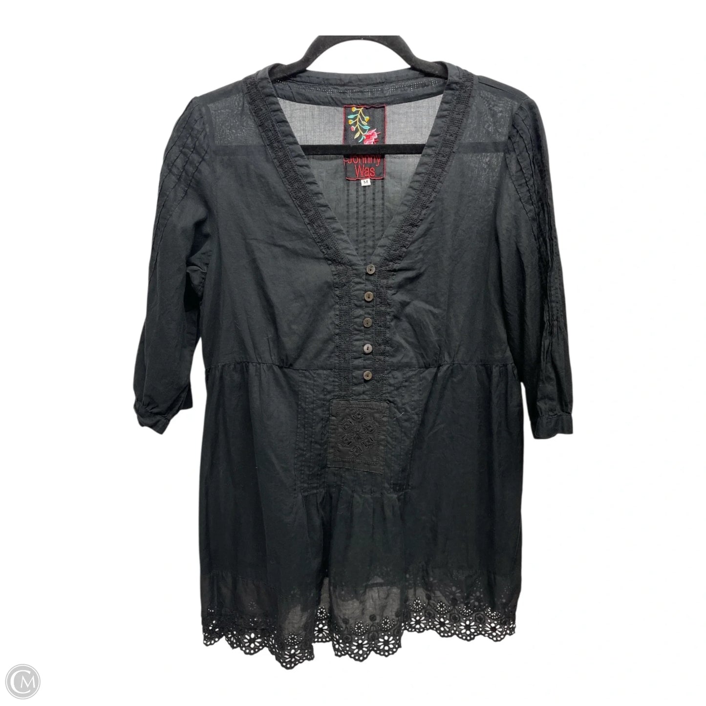 Top 3/4 Sleeve Designer By Johnny Was In Black, Size: M
