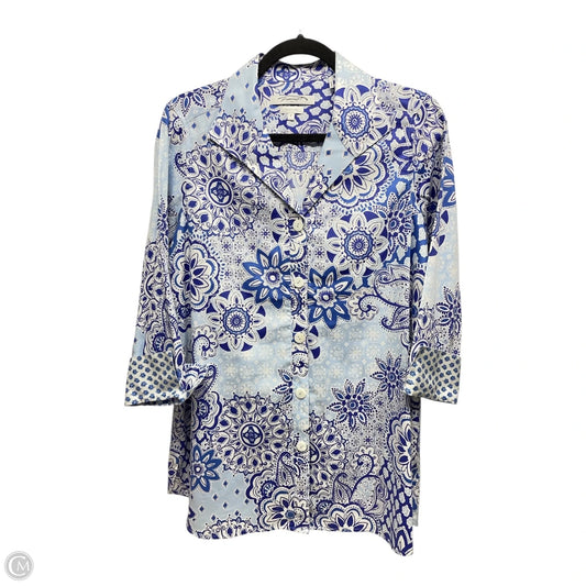 Top Long Sleeve By Foxcroft In Blue & White, Size: 8