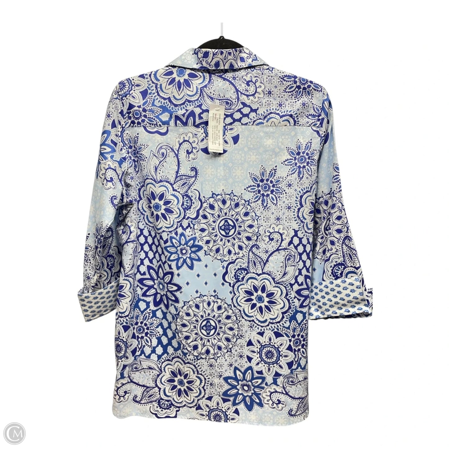 Top Long Sleeve By Foxcroft In Blue & White, Size: 8